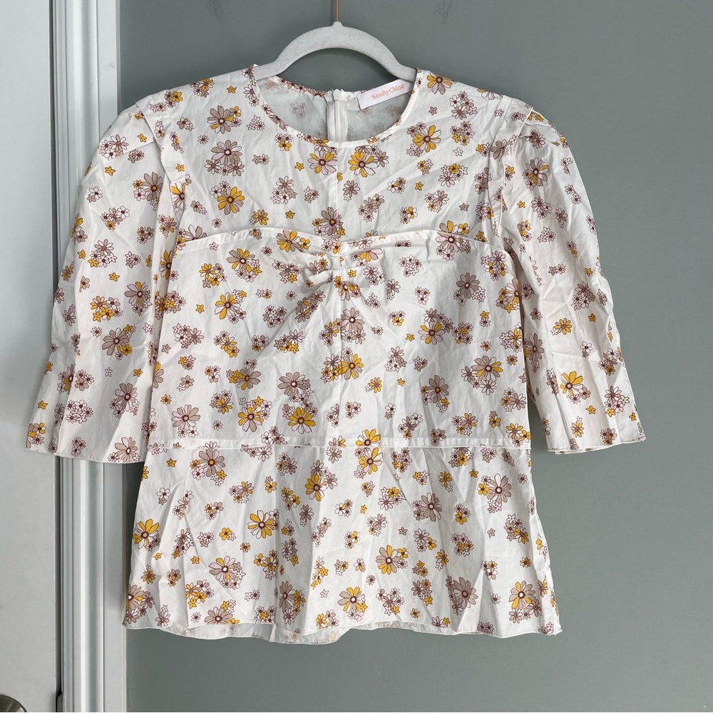 See by Chloe (Altered Dress > Top) Floral White Puff Sleeve Blouse 100% Cotton
